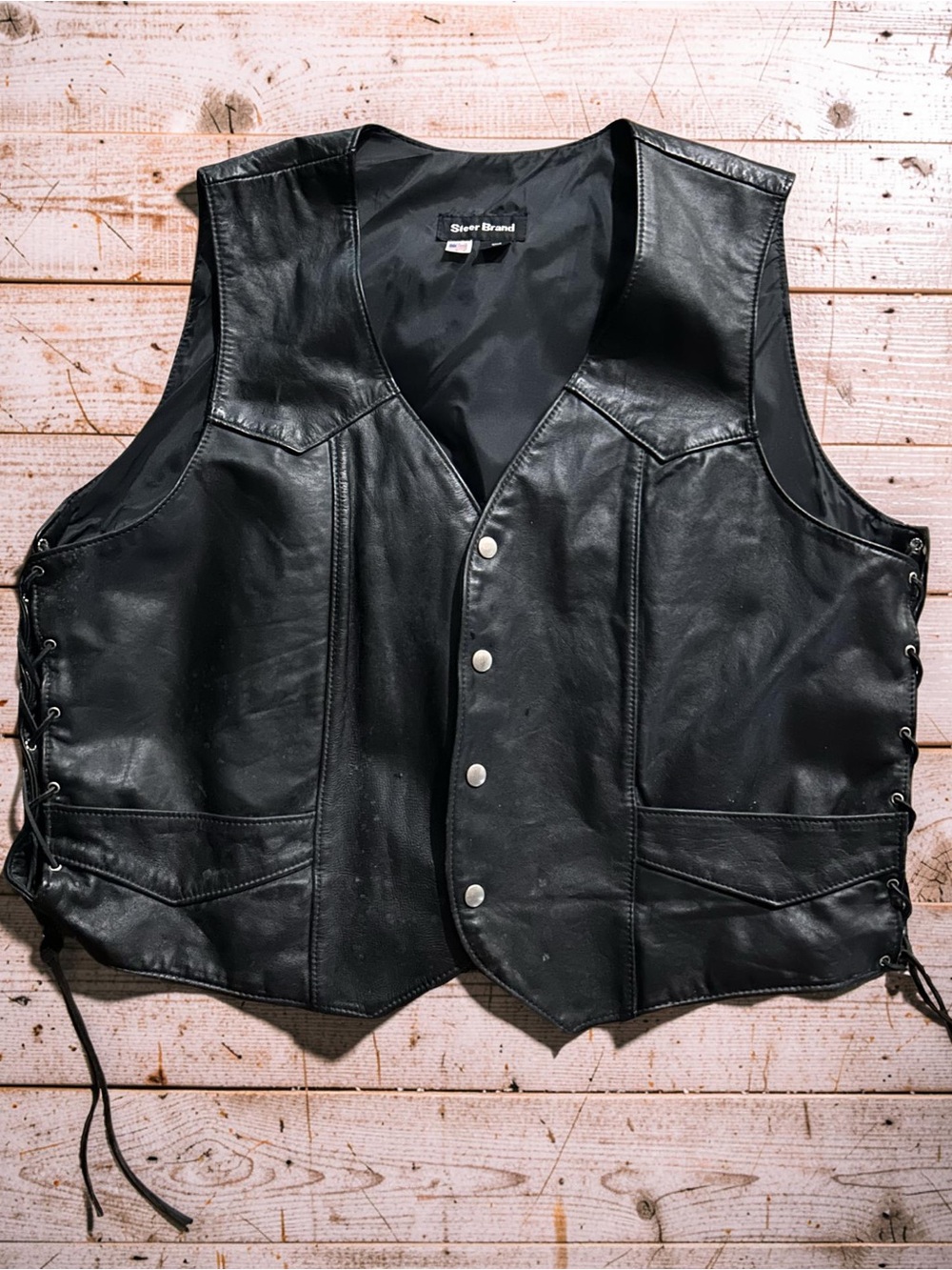 Steer Brand Men's XL Genuine Leather Vest Black Motorcycle Biker Vest Vintage